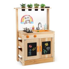 Fir Wood Play Kitchen with Planting Pots and Removable Sink for Backyard Garden-Natural