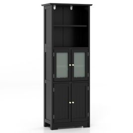 Freestanding Storage Cabinet with Tempered Glass Door and Open Shelves-Black