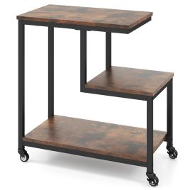 XORA 3-Tier Small Sofa Couch Side Table with Lockable Casters for Living Room-Brown