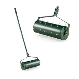 ULXO 45 cm Manual Rolling Lawn Aerator Tool with 130 cm Detachable Handle-Green
