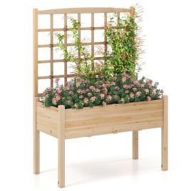 Wooden Raised Garden Bed with Lattice Trellis and Drainage Holes-Natural