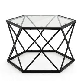 Coffee Table - Modern Accent Geometric Glass Coffee Table with Solid Metal Frame-Black