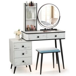 URNE Vanity Table Set with 3-Colour Round Mirror and Charging Station-White