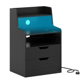 CALSCOTT LED Nightstand with Charging Station 2-Drawer Bedside Table with Open Shelf-Black