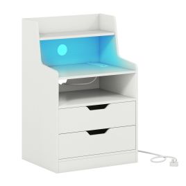 CALSCOTT LED Nightstand with Charging Station 2-Drawer Bedside Table with Open Shelf-White