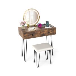 VZEN Vanity Desk with Mirror and Lights Makeup Dressing Table-Rustic Brown