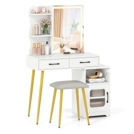Makeup Dressing Table with Reversible Cabinet and 3 Light Colors-White