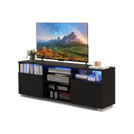 TV Stand - Console TV Stand for TVs up to 65 Inch es with LED Lights and 2 Doors-Black