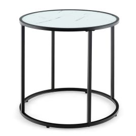 Side Table - 50CM Round Side Table with Metal Frame and Faux Marble Glass Top-White