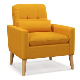 Armchair - Mid-century Modern Accent Chair with Lumbar Pillow-Yellow