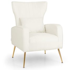 Armchair - Velvet Upholstered Wingback Chair with Lumbar Pillow and Golden Metal Legs-White