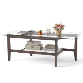 2-Tier Coffee Table with Storage Shelf and Solid Rubber Wood Legs-Brown