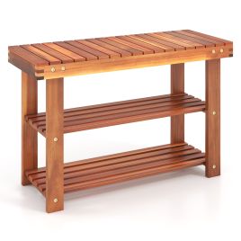 ARVAIN Acacia Wood Shoe Rack Bench 3-Tier Shoe Organizer Storage Shelf-Medium