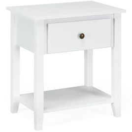 Side Table - Accent Table Narrow Side End Table with 1 Drawer and Open Storage Shelf-White