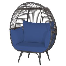 Sun Lounger - Oversized Patio Wicker Egg Lounge Chair with 4 Soft Cushions-Navy