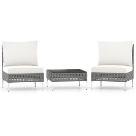 VEOVSI 3 Pieces PE Rattan Conversation Chairs with Tempered Glass Coffee Table for Garden Porch-White
