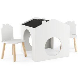 3 Pcss Wooden Kids Table and Chair Set with Chalkboards - White