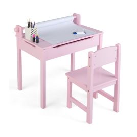 XOIN Toddler Activity Table with Chair with Storage and Paper Roll Holder-Pink
