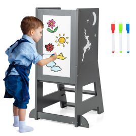 Kids Furniture - Toddler Kitchen Stool Helper with Chalkboard and Whiteboard-Grey