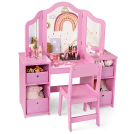 DAFINE Kids Vanity Table and Chair Set with 3 Removable Mirrors and 4 Storage Bins for Children-Pink
