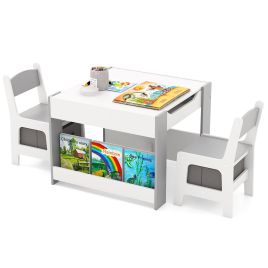 LYVEUL 4 in 1 Kids Table and Chairs Set with Reversible Tabletop and Bookshelves-Grey