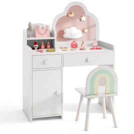 ARTAVE Kids Vanity Table and Chair Set with Cloud-shaped Mirror and Shelf Drawers-White
