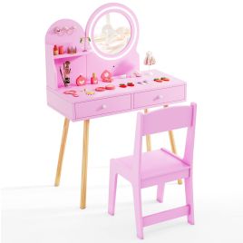INAR Wooden Kids Vanity Set with Lighted Mirror, Hooks and Storage Drawers-Pink