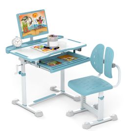 DELWYNNE Height-Adjustable Kid's Study Desk and Chair Set with Tilt Desktop and Footrest Bar-Blue