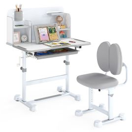 DENCREST Kid's Study Desk and Chair Set with Tilt Desktop and Footrest Bar-Grey