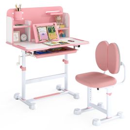 DENCREST Kid's Study Desk and Chair Set with Tilt Desktop and Footrest Bar-Pink
