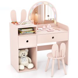 GIREL Bunny Kids Vanity Table and Chair Set with Lighted Mirror-Pink
