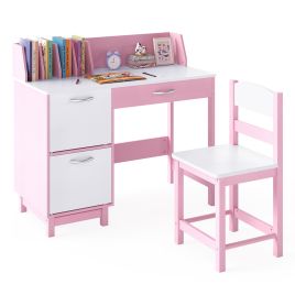 DORSENOR Kid's Study Desk and Chair Set with Deep Drawer and Enclosed Cabinets-Pink