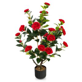 Artificial Camellia Tree with Flowers and Rain-Flower Pebbles - Red-1 Pcs