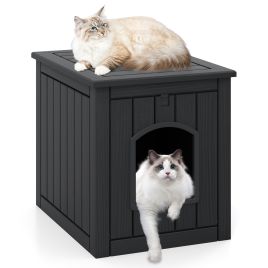 UVARO Indoor Outdoor Cat House with Flip Front Door and Raised Floor-Black