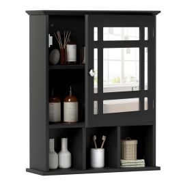 ARVI Mirror Door Cabinet with Adjustable Shelf and 3 Compartments-Black