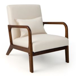 Armchair - Modern Accent Chair with Lumbar Pillow and Rubber Wood Frame-Beige