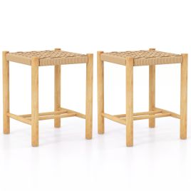 Dining Stool Set of 2 with Rubber Wood Frame and Woven Paper Seat-36 x 36 x 45cm
