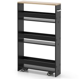 CAIN 4-Tier Slim Storage Cart with Open Shelves and Wheels-Black