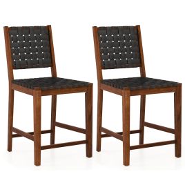 Woven Bar Stools Set of 2 with Faux PU Leather Straps-Black &amp; Brown