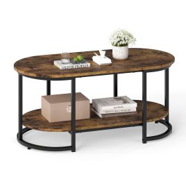 URMYOR Marble Coffee Table with Open Storage Shelf-Rustic Brown