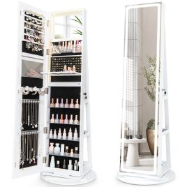 Jewellery Cabinet - 360deg Swivel Jewelry Cabinet with LED Lights, Foldable Shelf-White