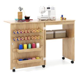 Multipurpose Table - Folding Sewing Table with Storage Shelf and 5 Lockable Wheels-Natural