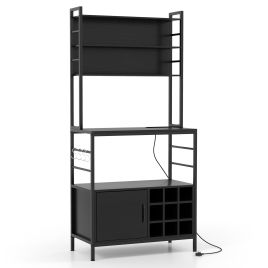 ORCOSI Bakers Rack with Power Outlet and Heavy-Duty Metal Frame-Black
