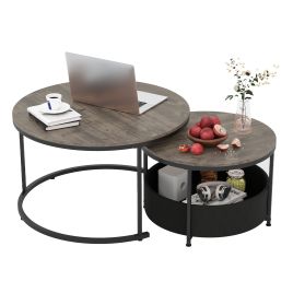 Round Coffee Table Set of 2 Circle Cocktail Table with Storage Basket-Grey