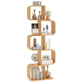 COLYIV 2/3/4/5-Tier S-Shaped Bookcase Bamboo Bookshelf with Open Cubes-5-Tier