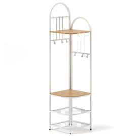 ONARA Corner Hall Tree 4-Tier Coat Rack with Storage Bench and Hooks-Natural