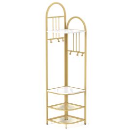 ONARA Corner Hall Tree 4-Tier Coat Rack with Storage Bench and Hooks-White and Golden