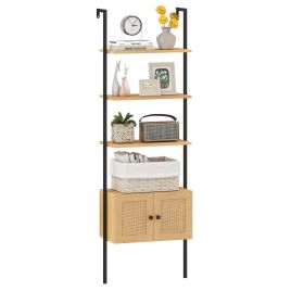 5-Tier Wall-Mounted Ladder Bookcase with Rattan Cabinet and Metal Frame-Natural