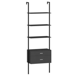 ENAR 6-Tier Ladder Bookcase with 2 Drawers Wall-Mounted Bookshelf-Black