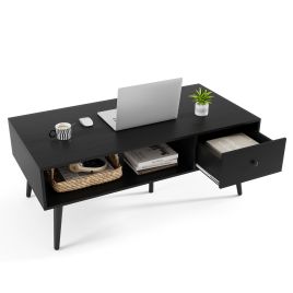 LOVIAL 109cm Rectangular Coffee Table with Drawer and Storage Shelf-Black